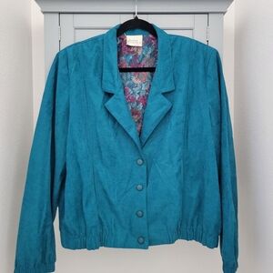 Teal VTG 80s Button Front Jacket With Shoulder Pads Western Boho Retro Size L